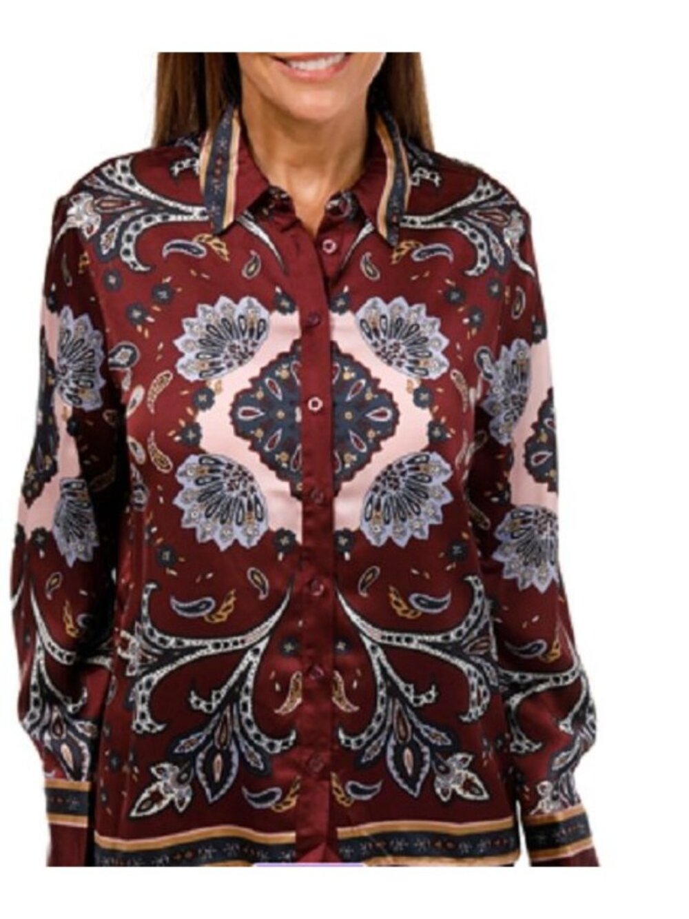 Ellen Tracy Long Sleeve Paisley Top LARGE